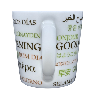 vintage Starbucks Good Morning mug white ceramic with multilingual Good Morning greetings printed around exterior