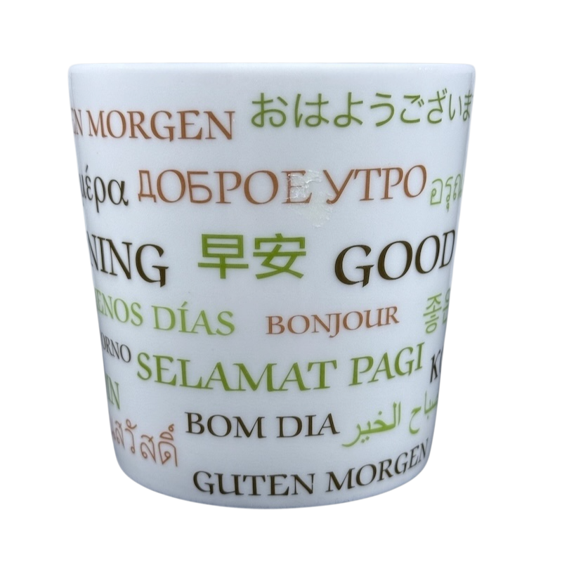 vintage Starbucks Good Morning mug white ceramic cup with multilingual morning greetings in green and brown text