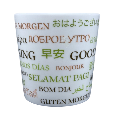 vintage Starbucks Good Morning mug white ceramic cup with multilingual morning greetings in green and brown text