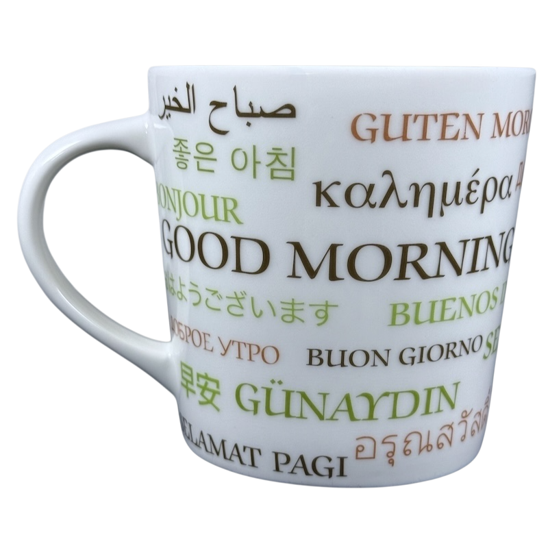 vintage Starbucks Good Morning mug white ceramic with multilingual Good Morning text in various colors