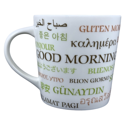 vintage Starbucks Good Morning mug white ceramic with multilingual Good Morning text in various colors