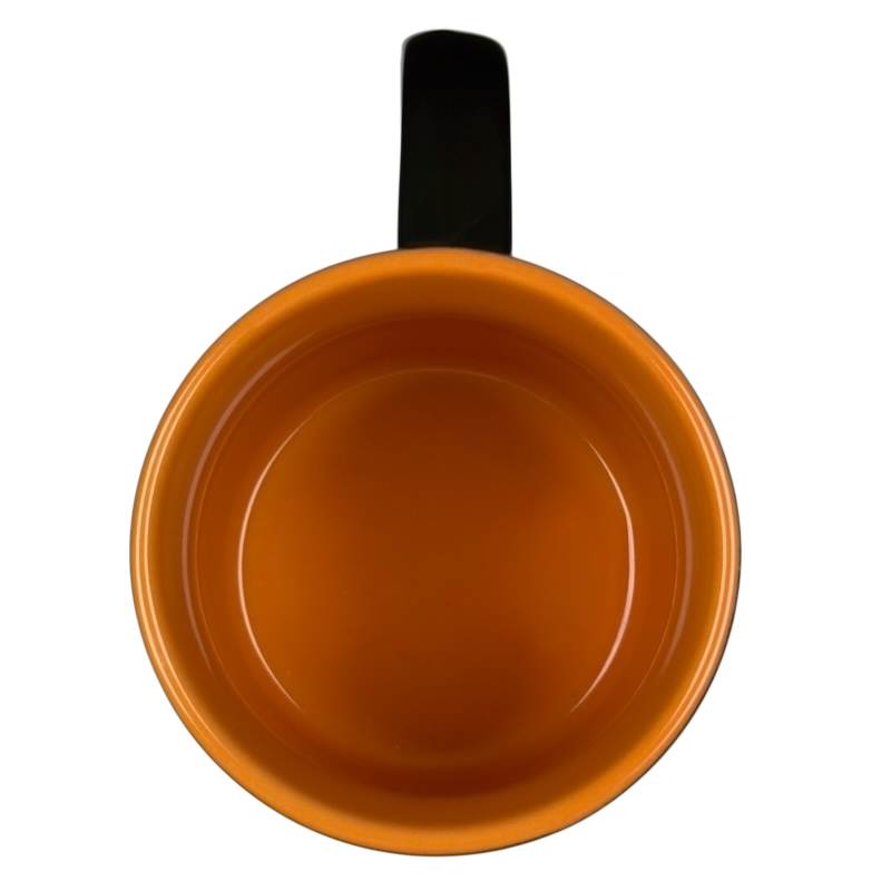 Top view of empty glossy orange ceramic vintage Starbucks Halloween pumpkin mug with black handle on black background