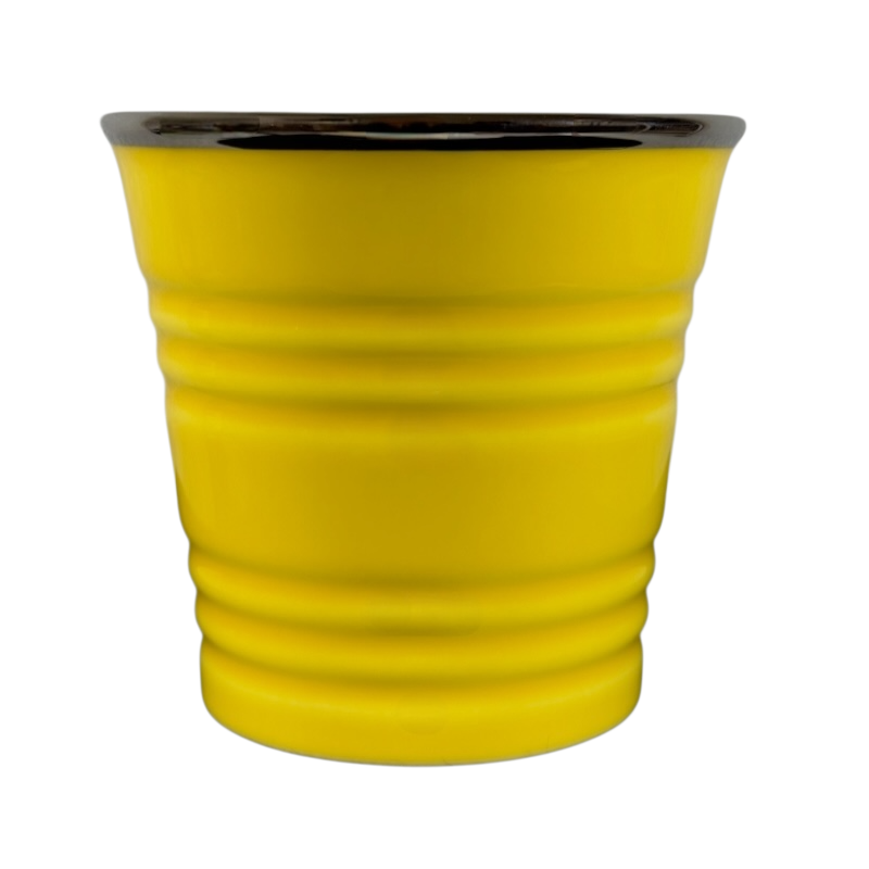 Vintage Starbucks yellow sand pail mug with black rim and textured ridges