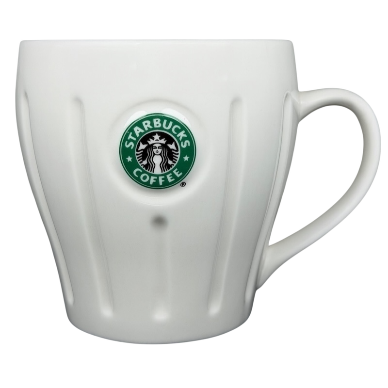 Vintage Starbucks white siren ribbed mug featuring the iconic Starbucks logo