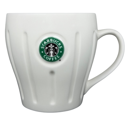 Vintage Starbucks white siren ribbed mug featuring the iconic Starbucks logo