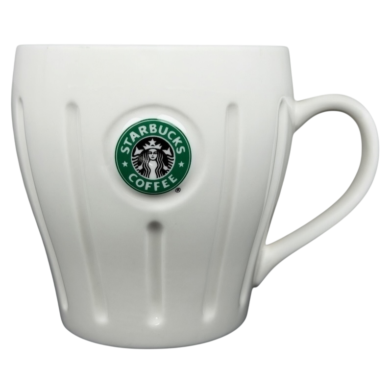 Vintage Starbucks white siren ribbed mug featuring a classic logo and elegant design