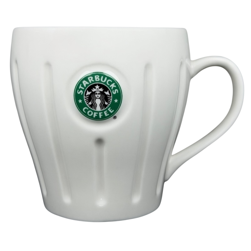 Vintage Starbucks white siren ribbed mug with iconic logo on a sleek design