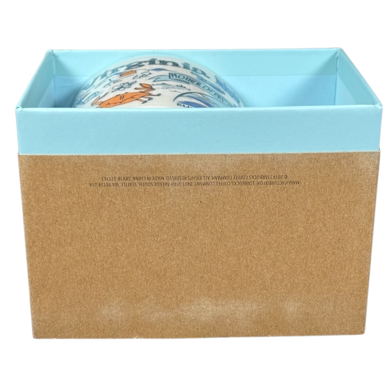 Starbucks Virginia Been There mug partially visible inside light blue and brown gift box