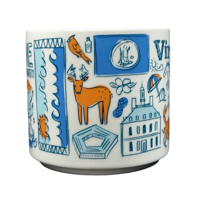 Starbucks Virginia Been There mug with orange deer, Virginia state flag, and local landmarks illustration