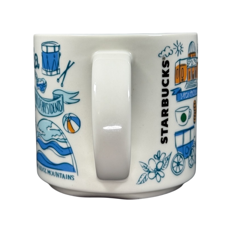 Starbucks Virginia Been There mug with blue and orange Virginia-themed illustrations and Starbucks logo