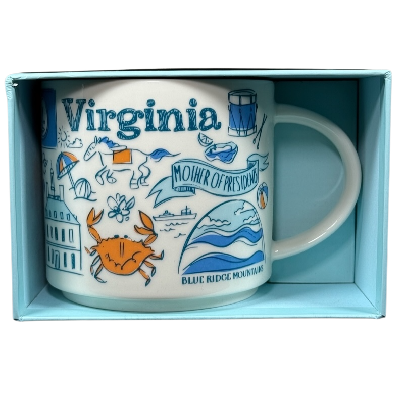 Starbucks Virginia Been There mug featuring Virginia landmarks and symbols in blue and orange design
