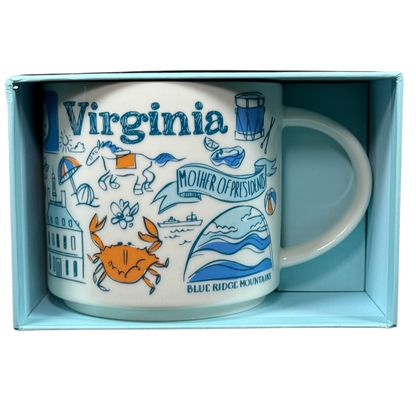 Starbucks Virginia Been There mug featuring Virginia landmarks and symbols in blue and orange design
