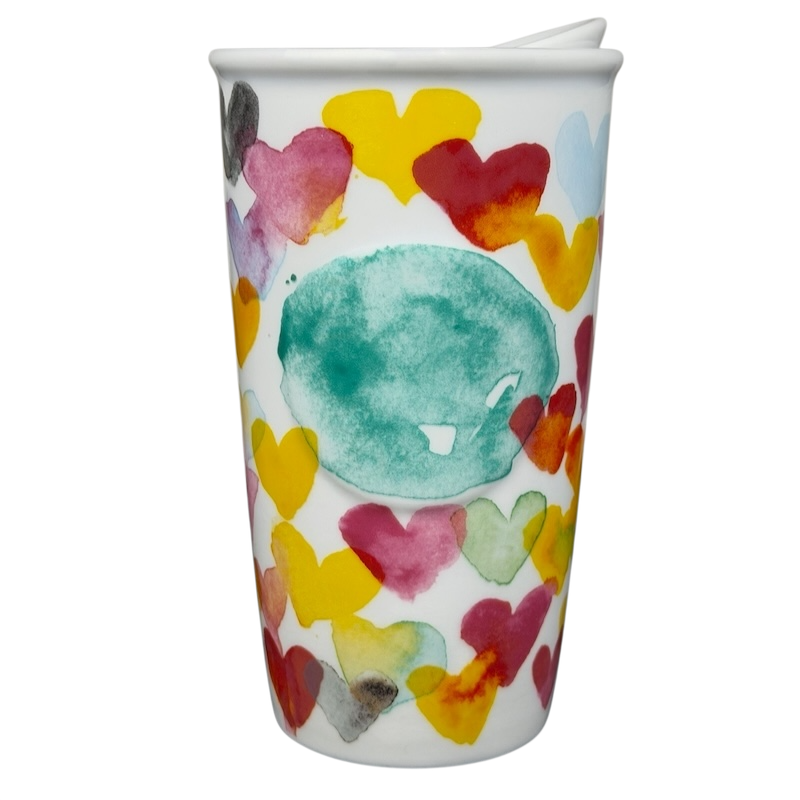 Starbucks watercolor hearts collectible tumbler with colorful heart designs and a lid for beverages