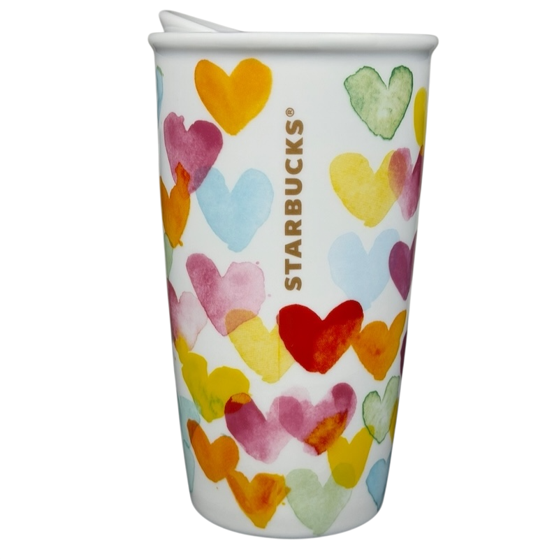 Starbucks watercolor hearts collectible tumbler featuring colorful heart designs and a secure lid