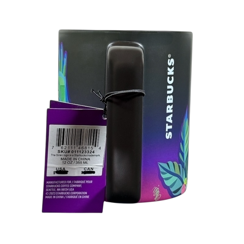 Yiqiao Wang American Sign Language Starbucks mug showing rear view with handle, vertical Starbucks logo and colorful leaf pattern