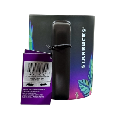 Yiqiao Wang American Sign Language Starbucks mug showing rear view with handle, vertical Starbucks logo and colorful leaf pattern