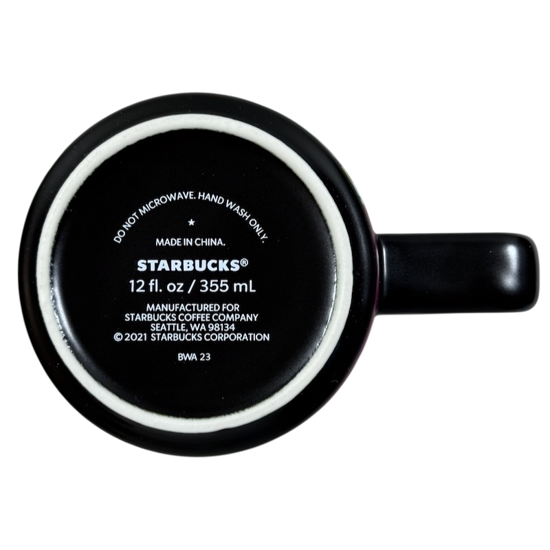 Bottom view of black Starbucks mug showing logo manufacturing stamps 12 fl oz Yiqiao Wang American Sign Language Starbucks mug