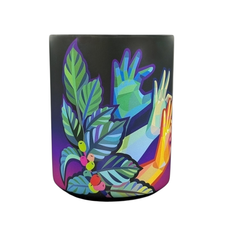 Yiqiao Wang American Sign Language Starbucks mug with colorful stylized hands and tropical leaves