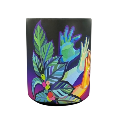 Yiqiao Wang American Sign Language Starbucks mug with colorful stylized hands and tropical leaves