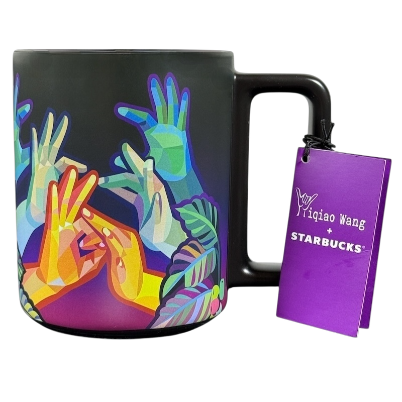 Yiqiao Wang American Sign Language Starbucks mug featuring colorful geometric ASL hands on black mug with tag