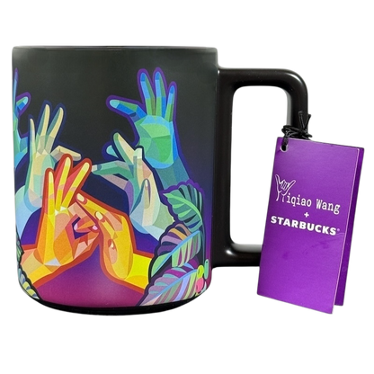 Yiqiao Wang American Sign Language Starbucks mug featuring colorful geometric ASL hands on black mug with tag