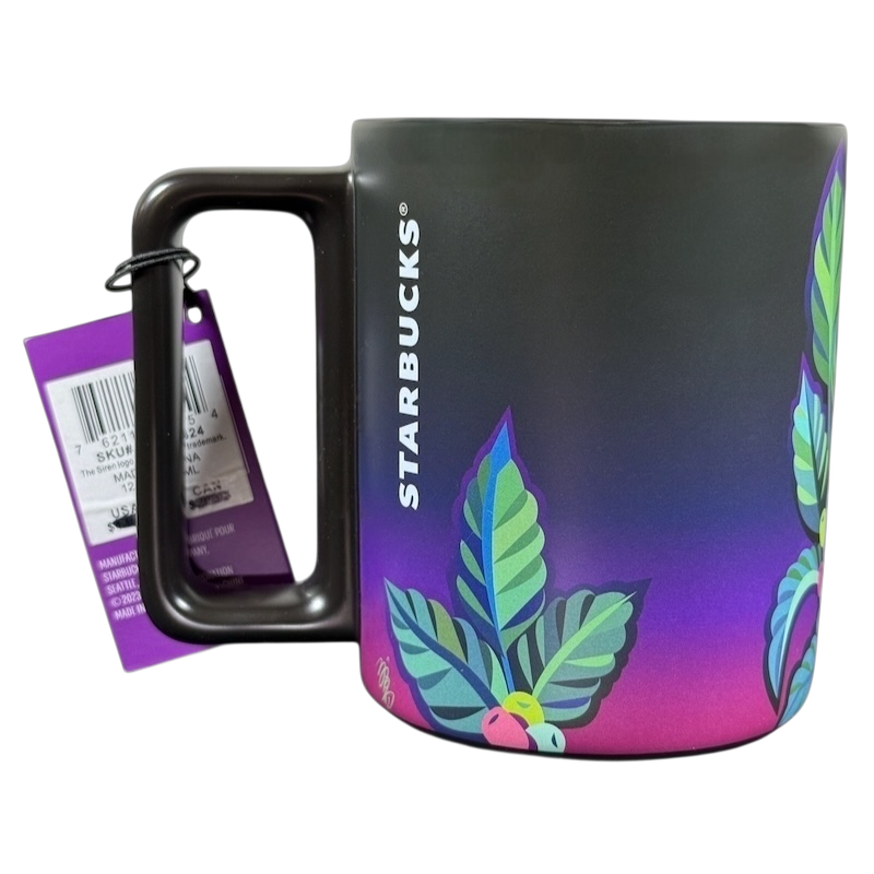 Matte black Starbucks mug with purple leaf design and tag Yiqiao Wang American Sign Language Starbucks mug