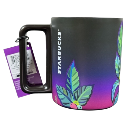 Matte black Starbucks mug with purple leaf design and tag Yiqiao Wang American Sign Language Starbucks mug
