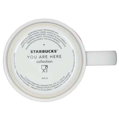 Bottom view of You Are Here Barcelona Mug Starbucks with collection details and care instructions