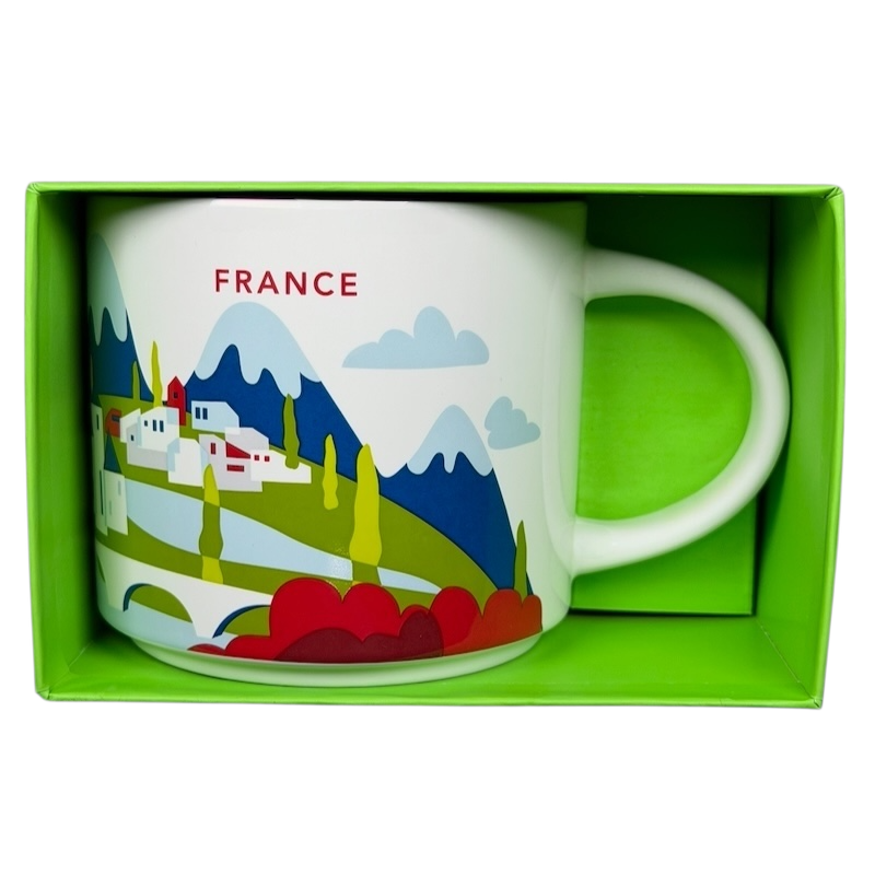 Starbucks You Are Here France collectible mug featuring scenic mountains and charming villages