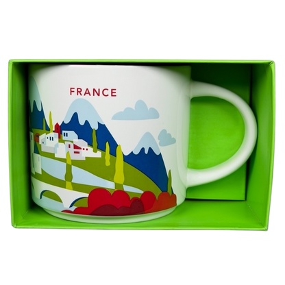 Starbucks You Are Here France collectible mug featuring scenic mountains and charming villages