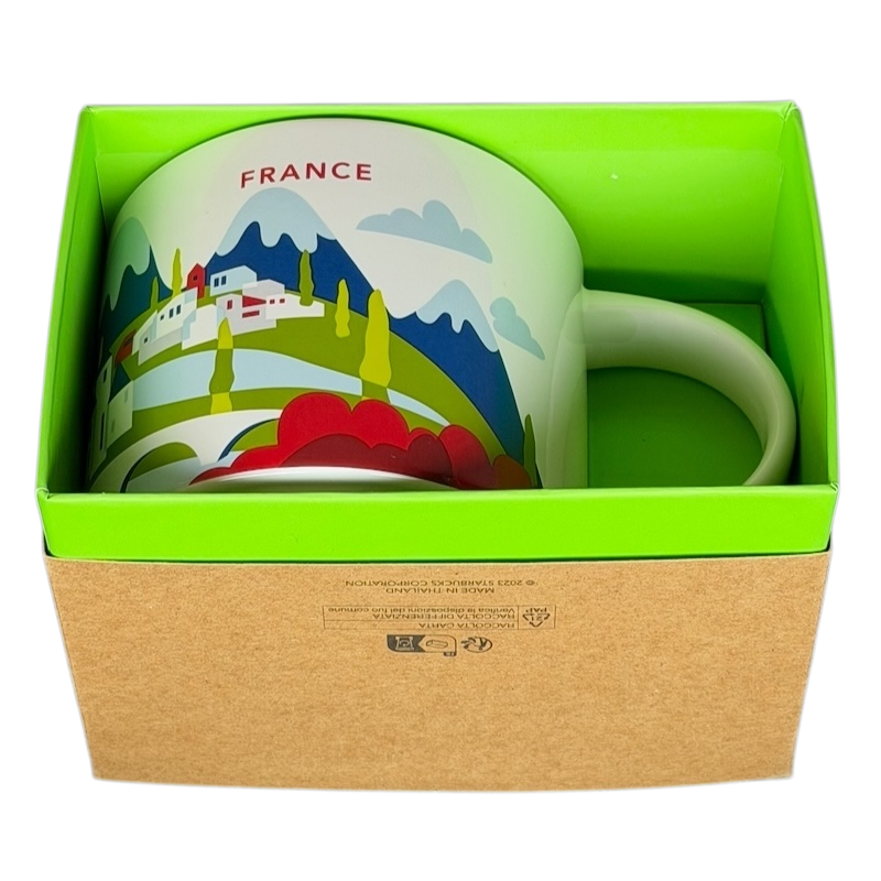Starbucks You Are Here France collectible mug in a green box featuring scenic landscape artwork