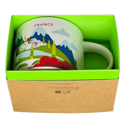 Starbucks You Are Here France collectible mug in a green box featuring scenic landscape artwork