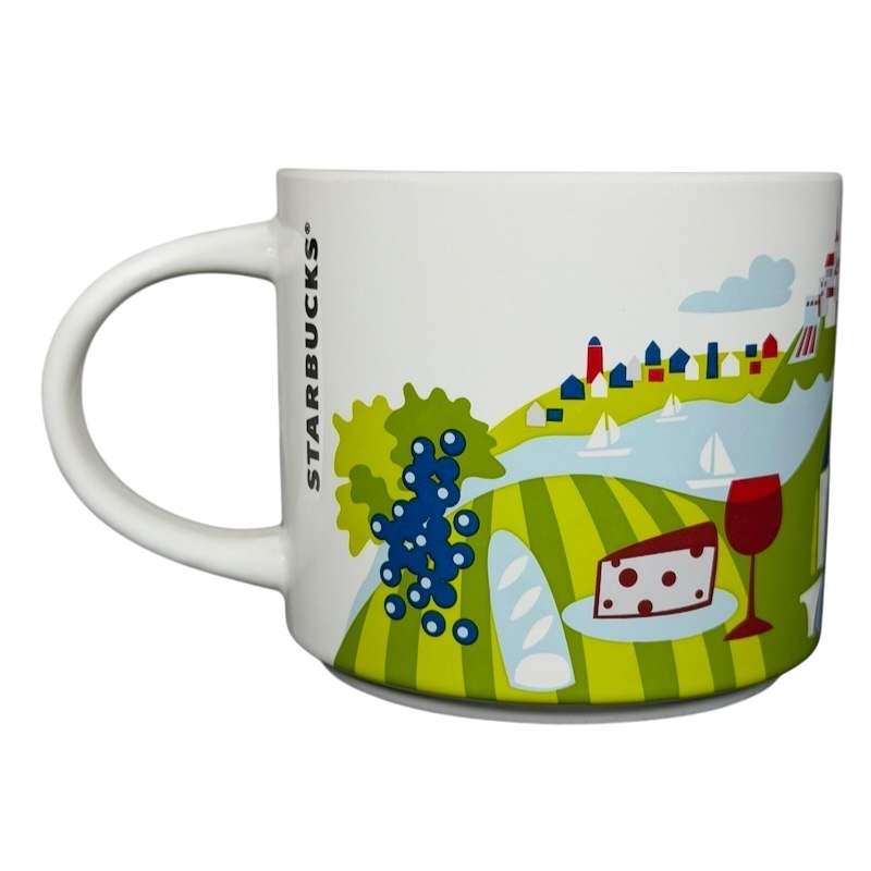 Starbucks You Are Here France collectible mug featuring scenic vineyards and local delicacies