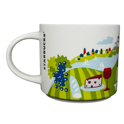 Starbucks You Are Here France collectible mug featuring scenic vineyards and local delicacies