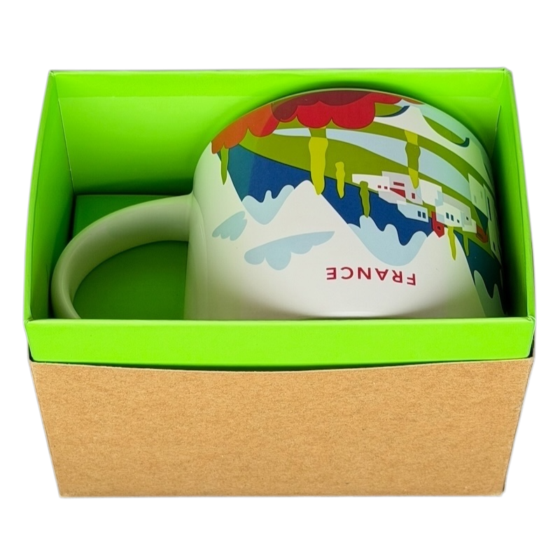 Starbucks You Are Here France collectible mug in a gift box with vibrant cityscape design