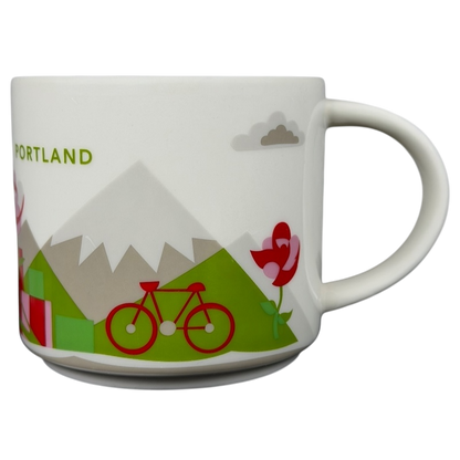 Starbucks You Are Here Portland mug featuring iconic landmarks and vibrant designs representing the city