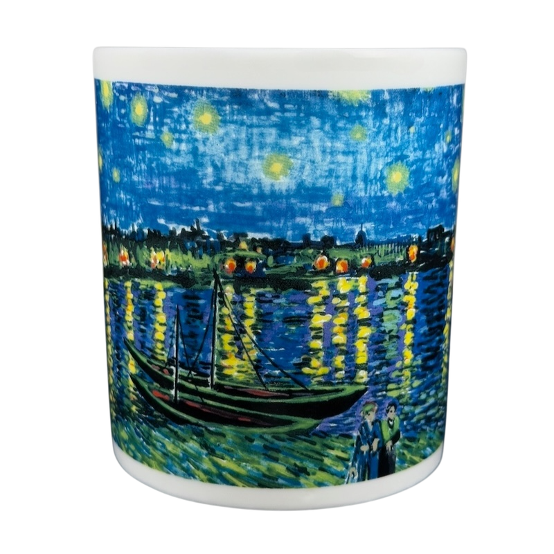 Starry Night Over the Rhone Chaleur mug featuring a vibrant painting of a boat and starry sky