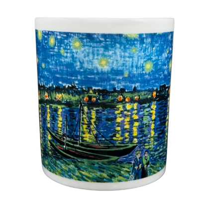 Starry Night Over the Rhone Chaleur mug featuring a vibrant painting of a boat and starry sky