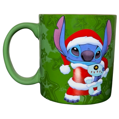 Disney Stitch Santa holiday collectible mug featuring Stitch in a Santa outfit holding a small character