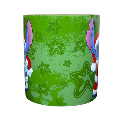 Disney Stitch Santa holiday collectible mug featuring Stitch in a festive design with green background