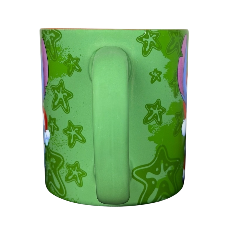 Disney Stitch Santa holiday collectible mug featuring vibrant green design with festive stars