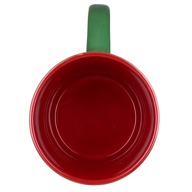 Top view of Stitch Santa holiday collectible mug in red with a green handle for unique holiday decor