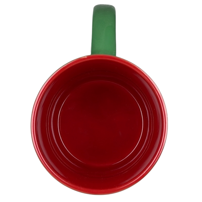 Top view of Stitch Santa holiday collectible mug in red with a green handle for unique holiday decor