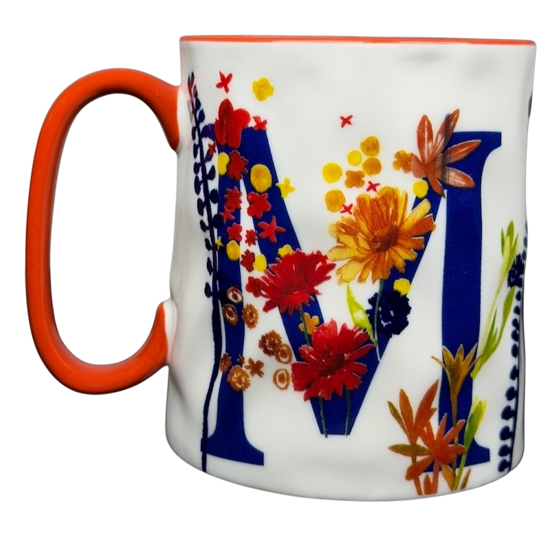 Artisan Collection Letter M Monogram Mug 10 Strawberry Street with Floral Design and Orange Handle