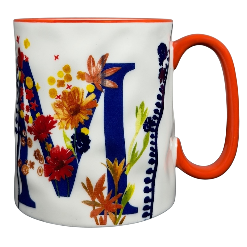 Colorful Artisan Collection Letter M Monogram Mug 10 Strawberry Street with floral design and orange handle