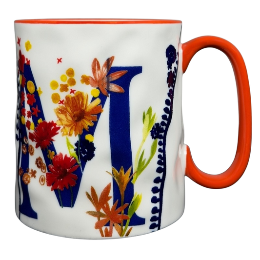 Colorful Artisan Collection Letter M Monogram Mug 10 Strawberry Street with floral design and orange handle