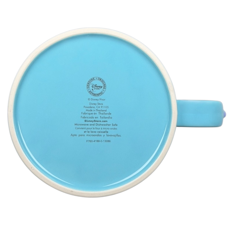 Bottom view of a bright blue Disney Sulley 3D sculpted mug with maker's mark and care instructions