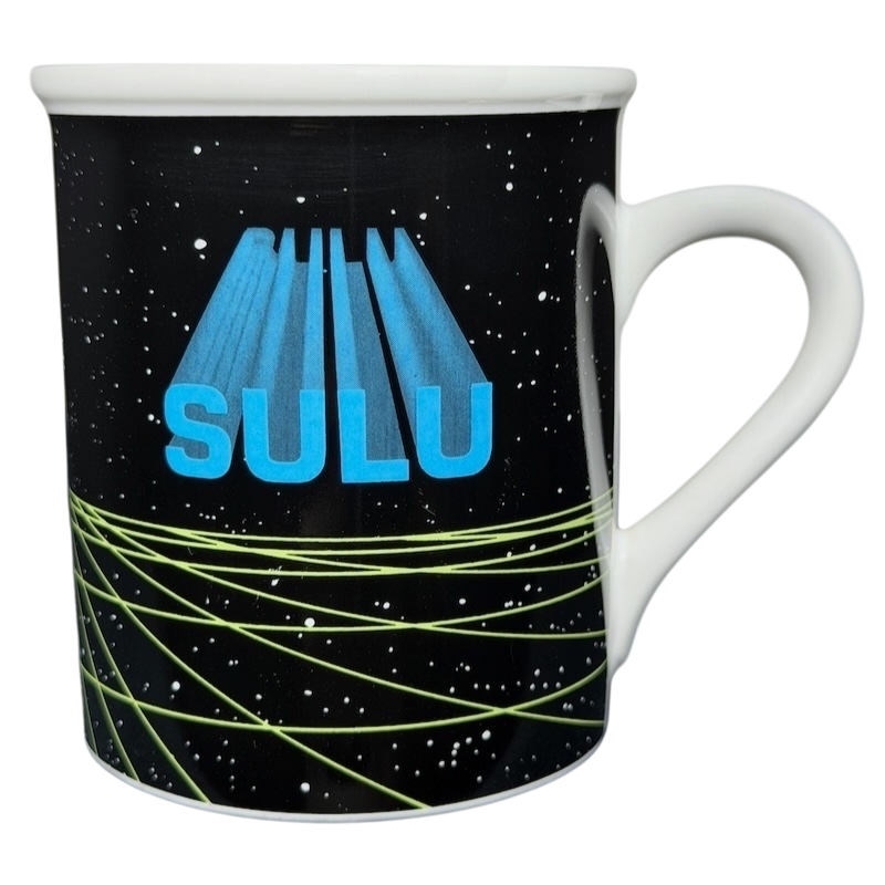 Sulu Star Trek vintage mug featuring blue text and a cosmic design for collectors and fans