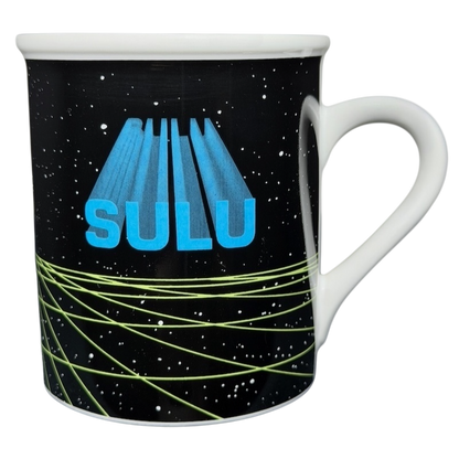 Sulu Star Trek vintage mug featuring blue text and a cosmic design for collectors and fans