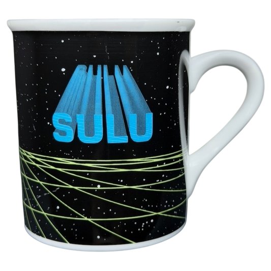 Sulu Star Trek vintage mug featuring a space design with bold blue lettering